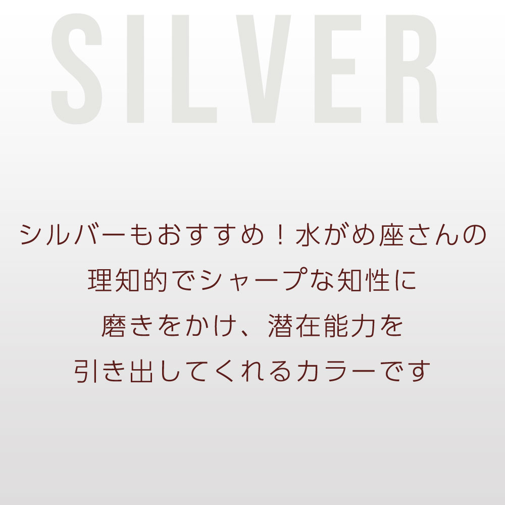 シルバーもおすすめ！水がめ座さんの 理知的でシャープな知性に 磨きをかけ、潜在能力を 引き出してくれるカラーです