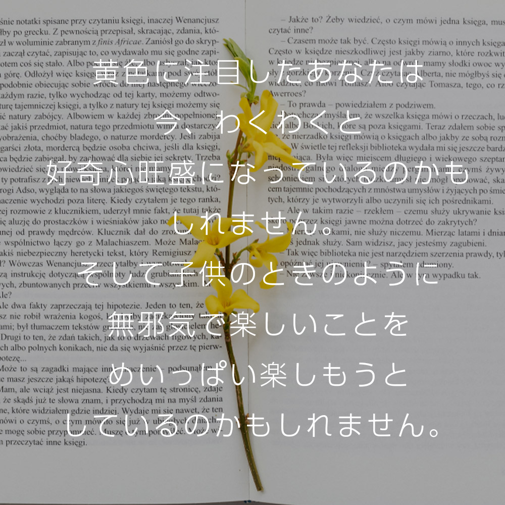 黄色に注目したあなたは今、わくわくと好奇心旺盛になっているのかもしれません。
そして子供のときのように無邪気で楽しいことをめいっぱい楽しもうとしているのかもしれません。